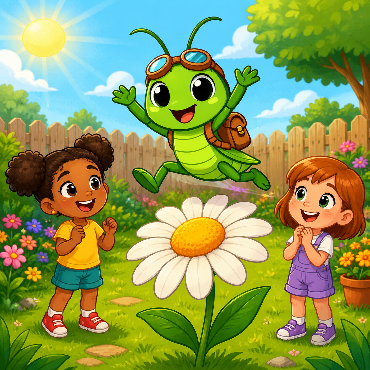 Gizmo in the garden with two girls