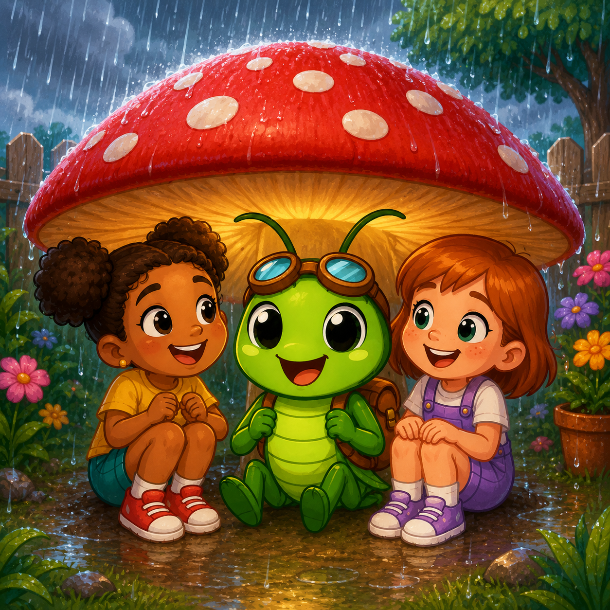 Gizmo and friends under a mushroom in the rain